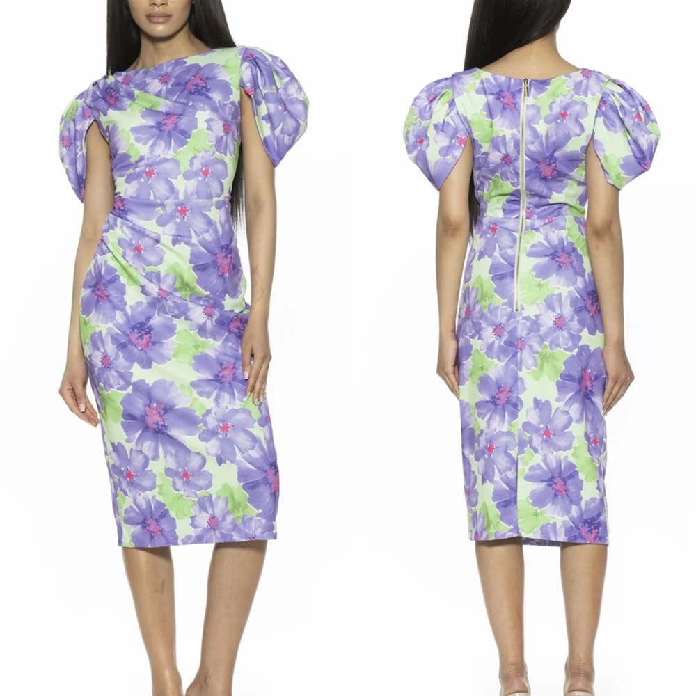 Alexia Admor Valentina Floral Puff Sleeve Midi Dress- Purple, Pink, &‎ Green - S